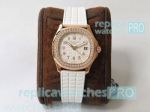 Swiss Patek Philippe Ladies Aquanaut 5067A Diamond Rose Gold Bezel White Rubber Strap Watch